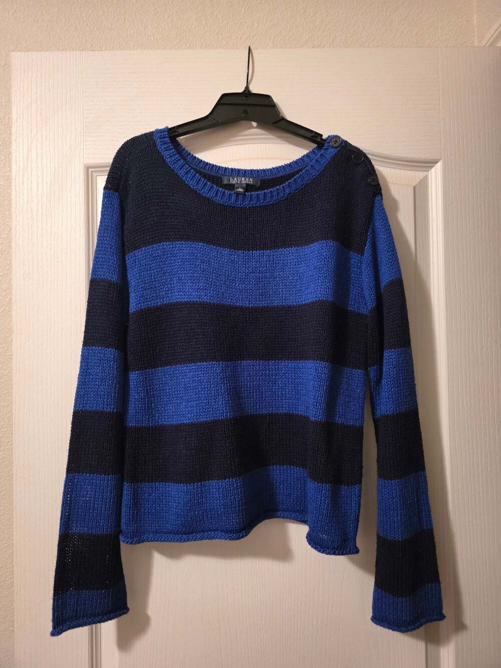 Lauren Ralph Lauren Blue and Black Striped Acrylic Sweater with Shoulder Buttons